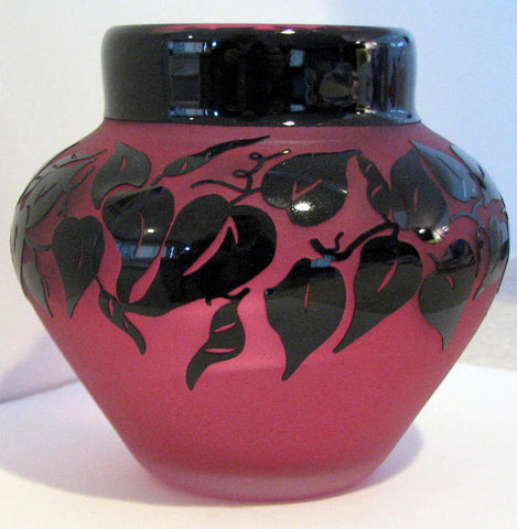 Art Glass Vase Hand Blown Ruby Black Vines 